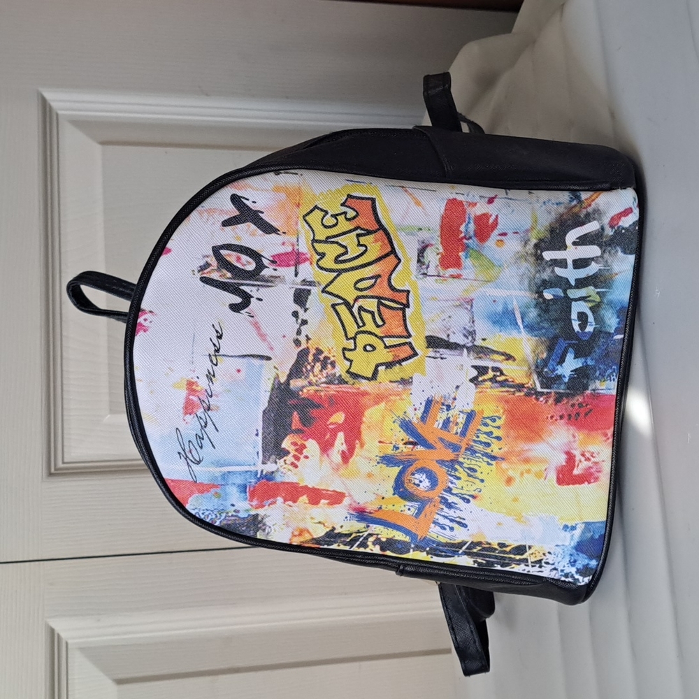 Multicolor Faux Leather Graffiti-Print Mini Backpack Purse - Joy Peace Faith - M